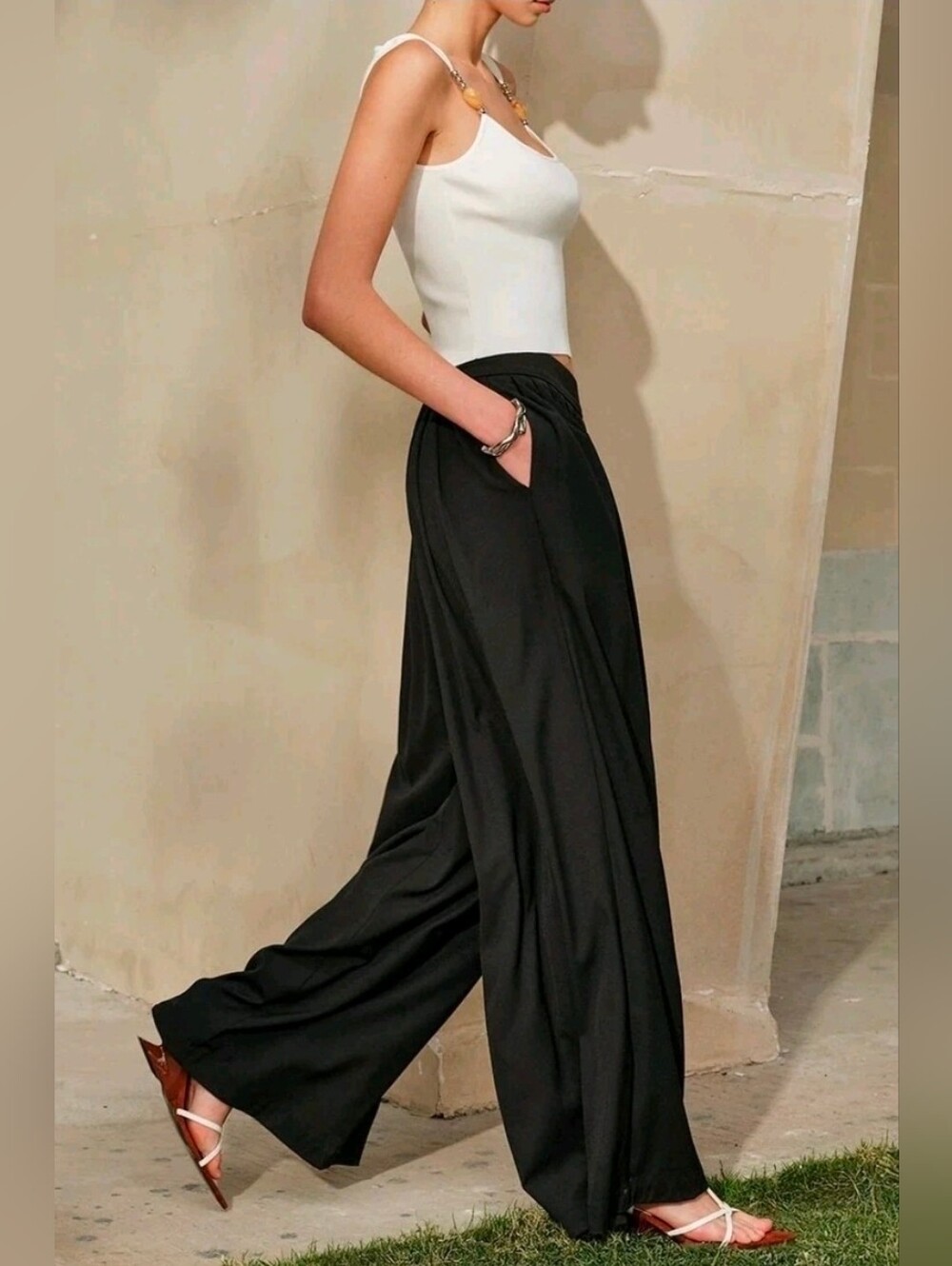 NWT Commense Pleated Front Wide Leg Pants L Black Flat Front High Rise